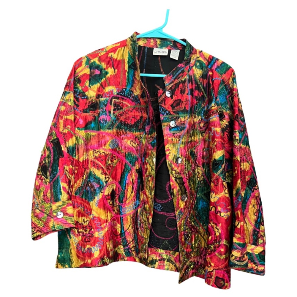 Chico's Women Blazer Jacket Vibrant Watercolor Pattern Button Closure Multicolor